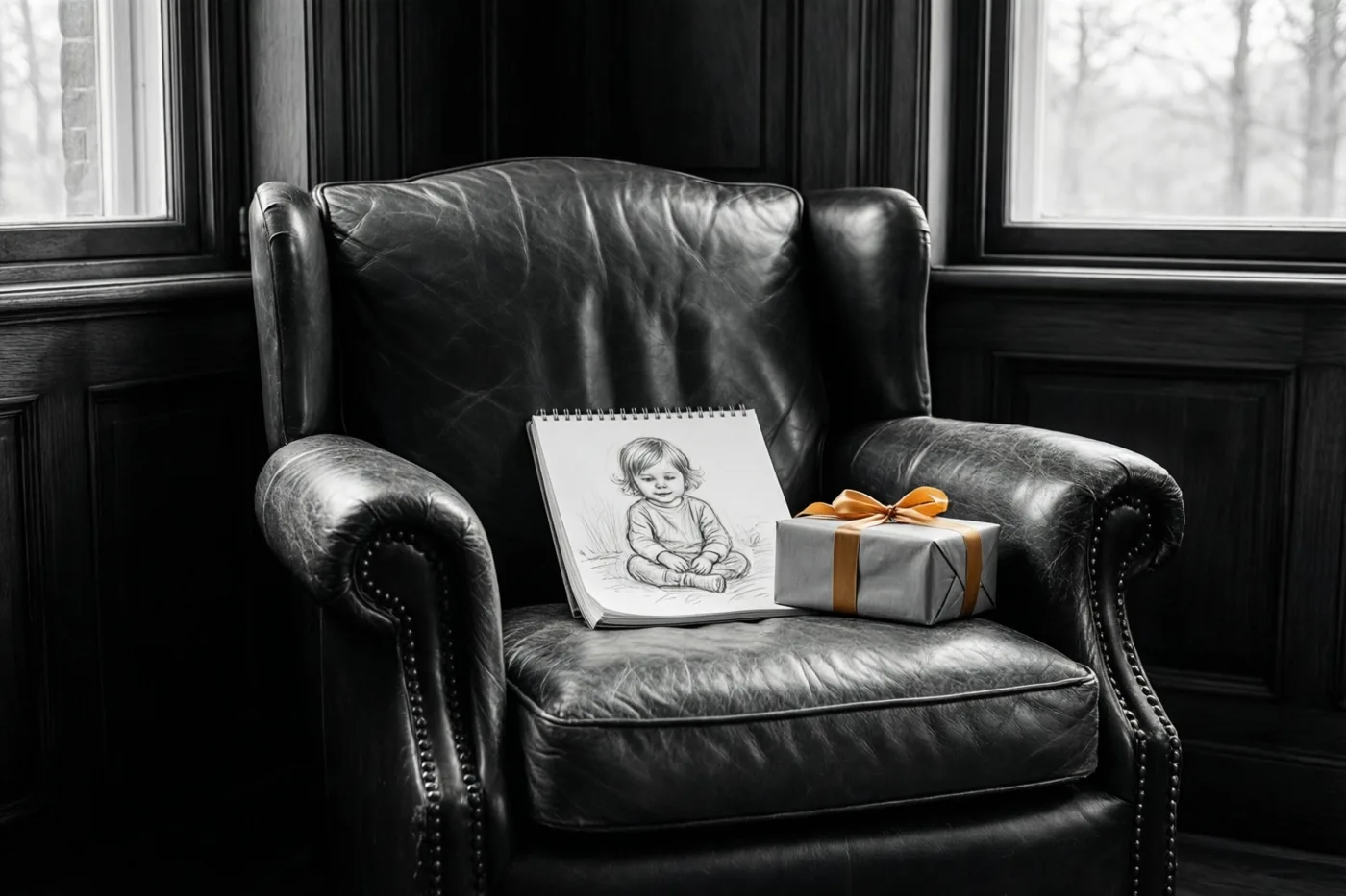 Een schetsboek met een kindertekening en een ingepakt cadeau liggen op een zwarte leren zetel in een kamer met houten wandpanelen, in zwart-wit met een oranje cadeaulint.