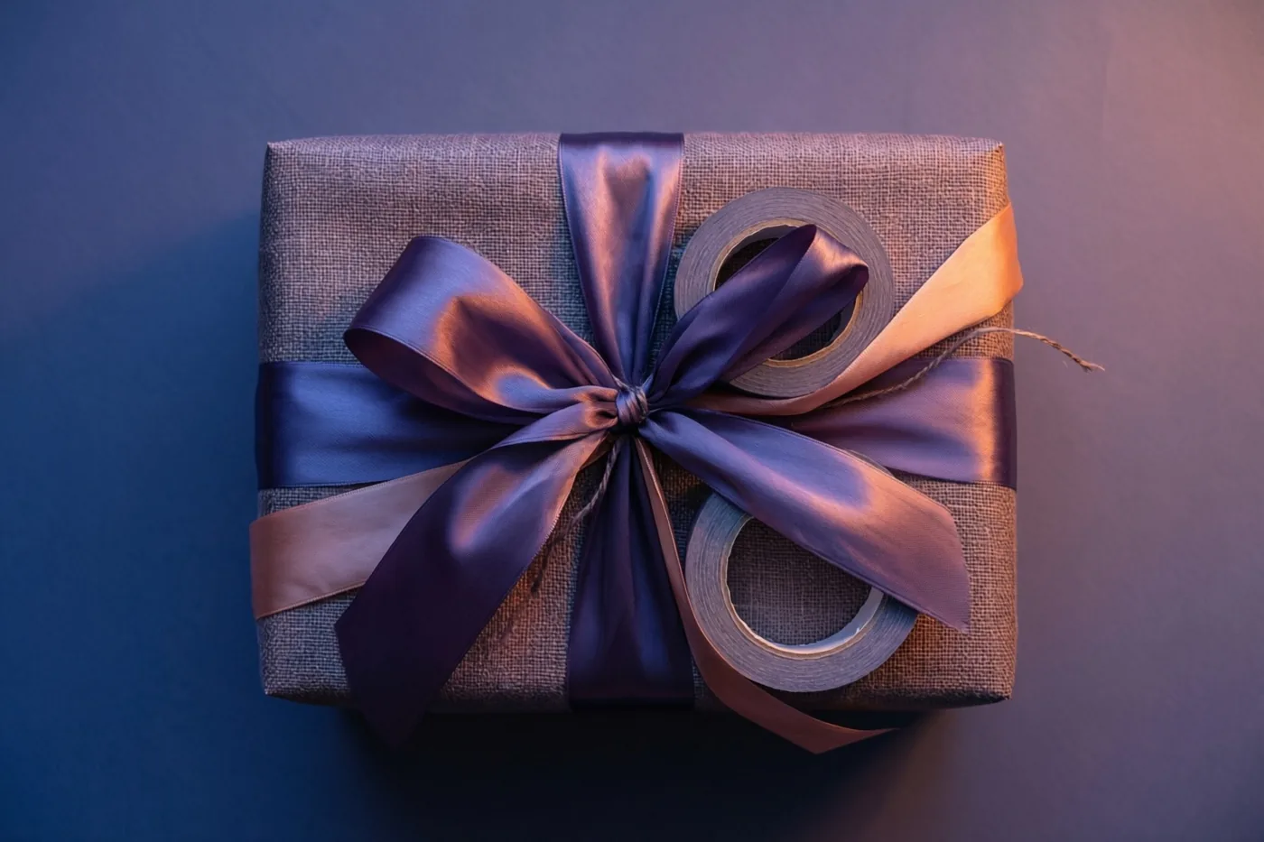 Een cadeaudoos in bruin papier heeft een grote paars-gouden satijnen strik met twee rollen plakband eronder, tegen een blauwe achtergrond.