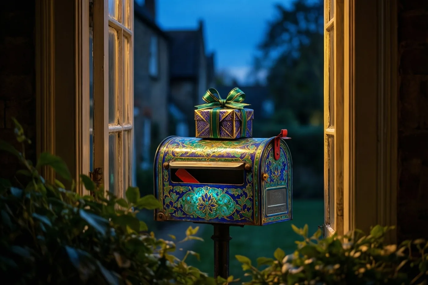 Door een raam is een klein cadeau in papier met een patroon en een groene strik te zien op een sierlijke gekleurde geëmailleerde brievenbus in de blauwe avondschemering.