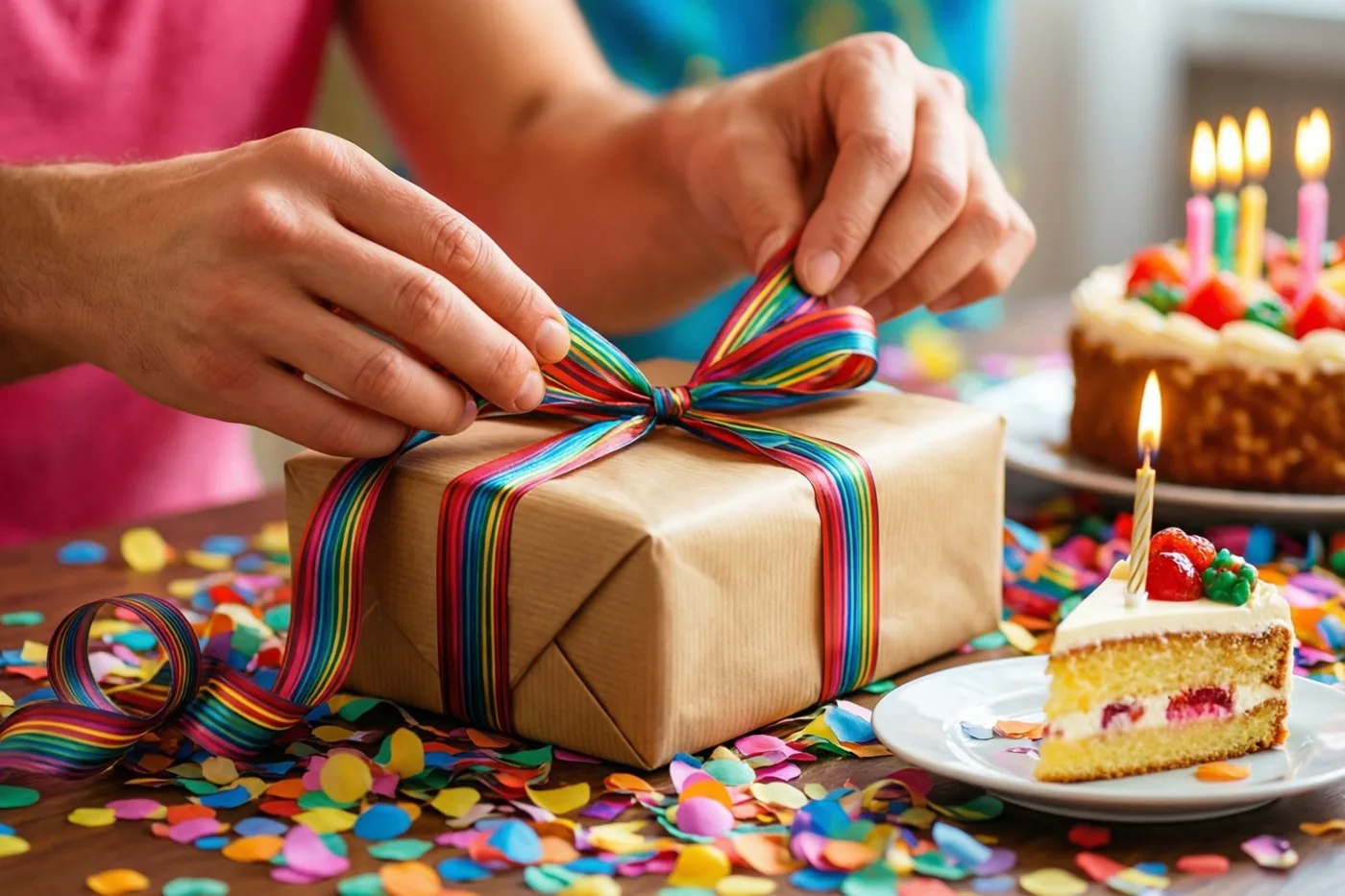 Een close-up toont handen die een cadeau met een regenbooglint uitpakken op een houten tafel met kleurrijke confetti, naast een stuk taart met één brandend kaarsje en een grotere taart op de achtergrond.