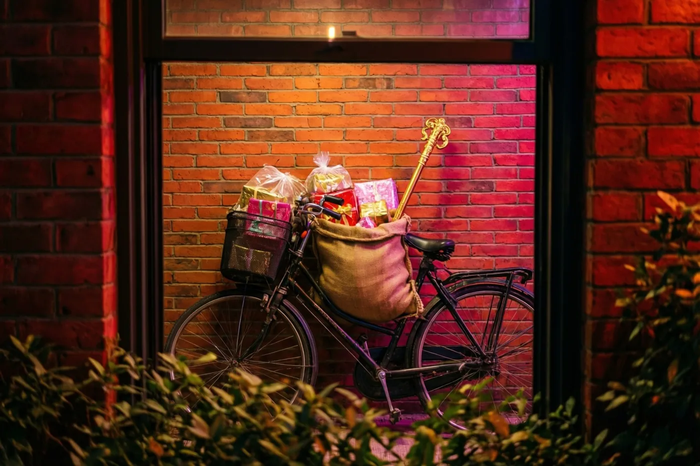 Door een raam is een fiets met een jute zak en ingepakte cadeaus tegen een bakstenen muur te zien, in warm rood en roze licht.