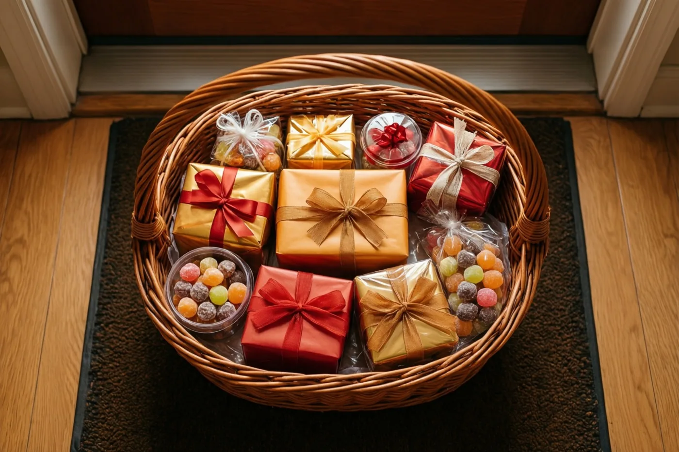 Een rieten mand met ingepakte cadeaus en snoep staat op een donkere deurmat bij een houten drempel, met rood, goudkleurig en bruin inpakpapier en strikken.