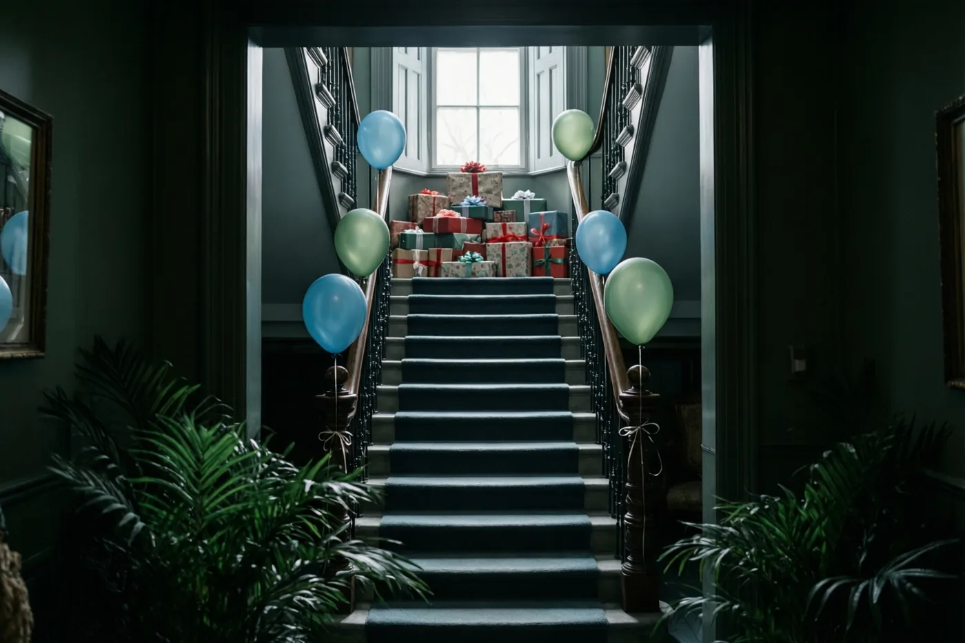 Een trap met blauwe en groene ballonnen aan de leuningen leidt naar ingepakte cadeaus op de bovenste overloop, in een schemerig interieur met donkere muren en planten onderaan.