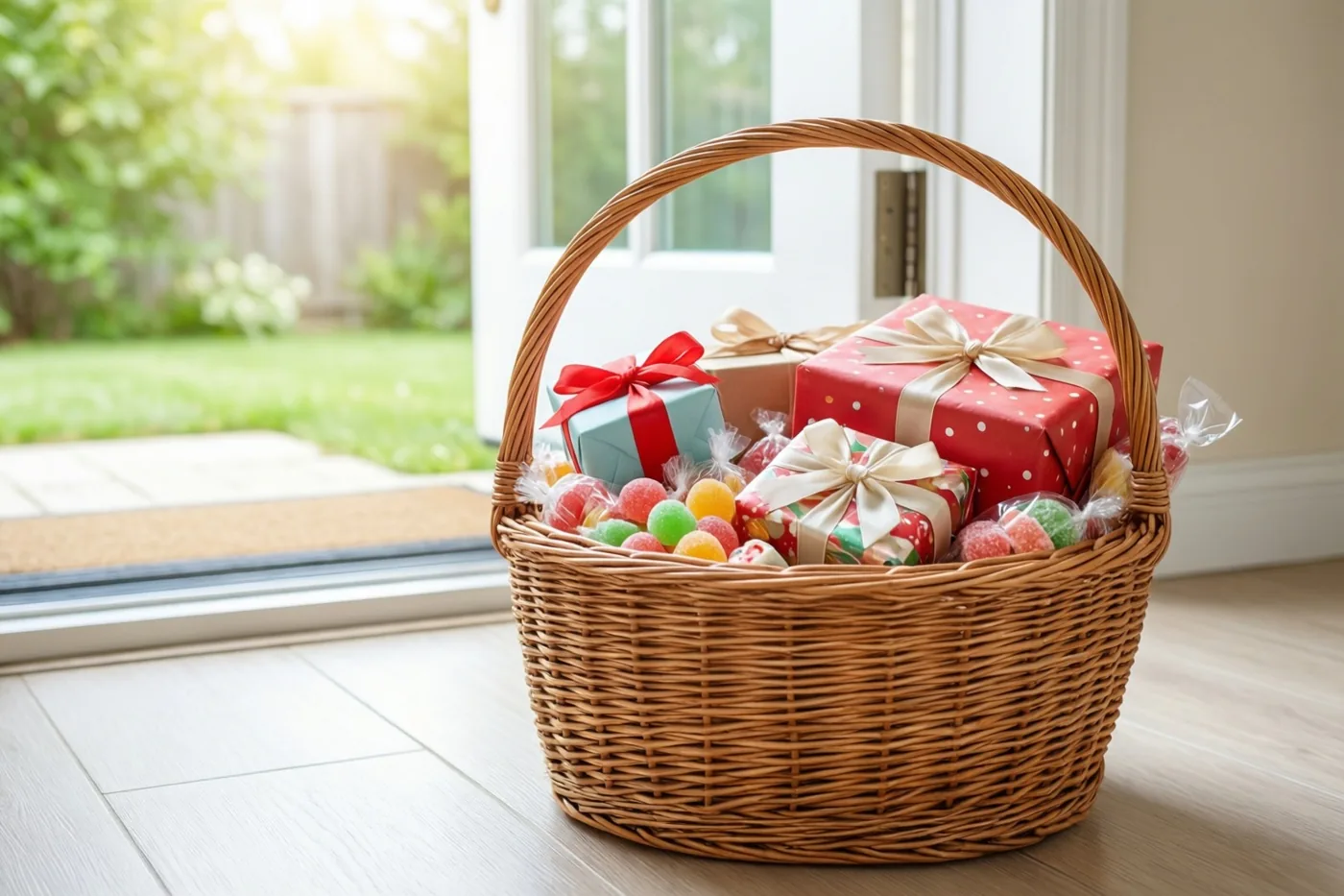 Een rieten mand met ingepakte cadeaus en kleurrijk snoep staat op een houten vloer voor een glazen deur met daglicht van buiten.