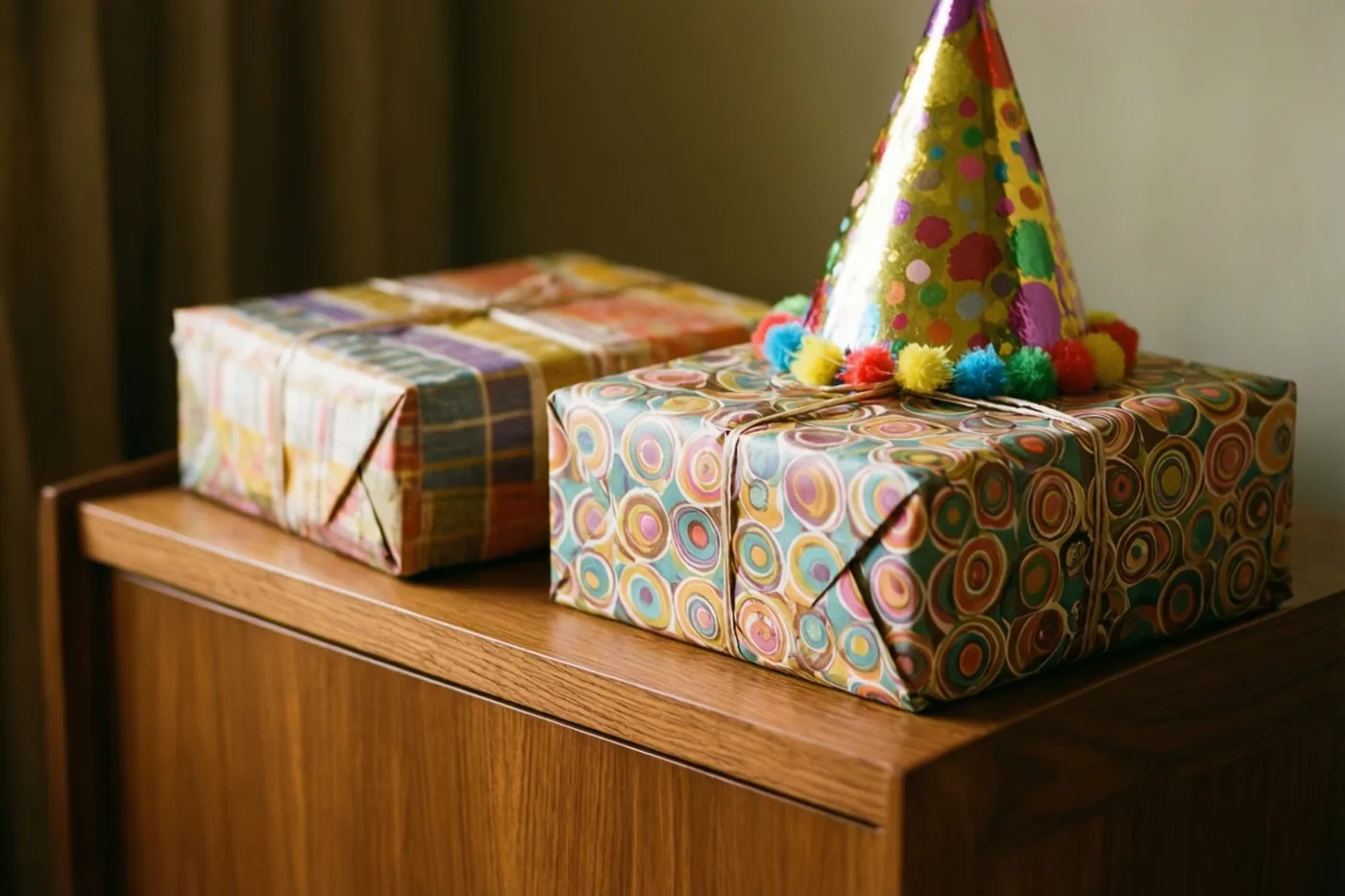 Twee cadeaus in papier met patronen uit de jaren zestig staan op een houten dressoir, met een kleurrijk feesthoedje op een van de pakjes.