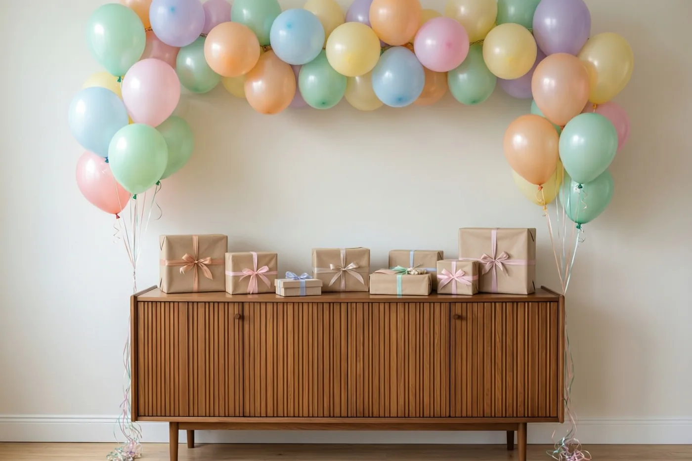 Op een houten dressoir met verticale latten liggen cadeaus in kraftpapier met kleurrijke linten onder een grote boog van roze, groene, blauwe en gele pastelballonnen.