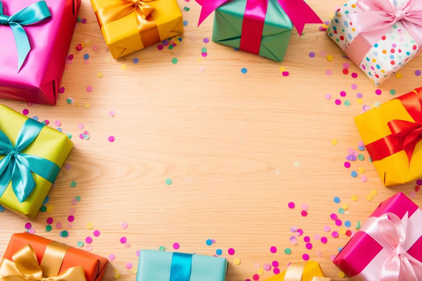 Ingepakte cadeaus met satijnen linten en confetti in roze, geel, groen en blauw liggen langs de randen van een licht houten tafel met een leeg midden.