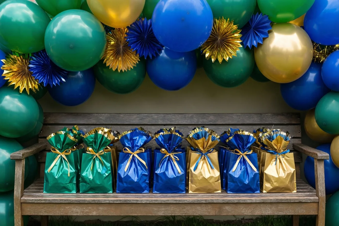 Groene, blauwe en gouden cadeautasjes met linten staan op een houten bank onder een boog van ballonnen en papieren bloemen in dezelfde kleuren.