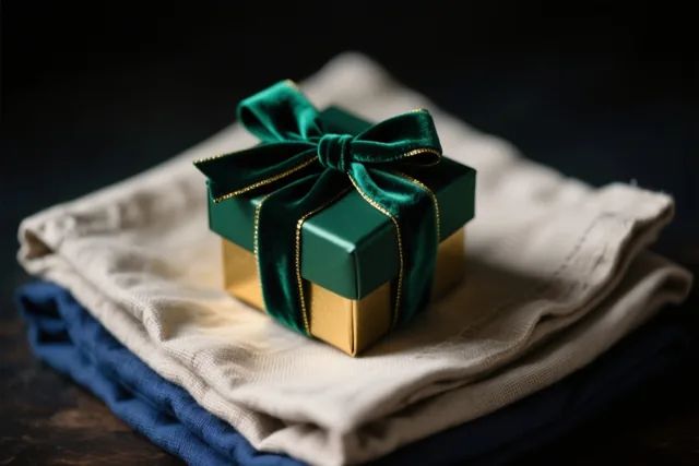 Een klein geschenkdoosje met een groen fluwelen lint staat op een stapel opgevouwen linnen servetten tegen een donkere achtergrond in groen, goud en crème.