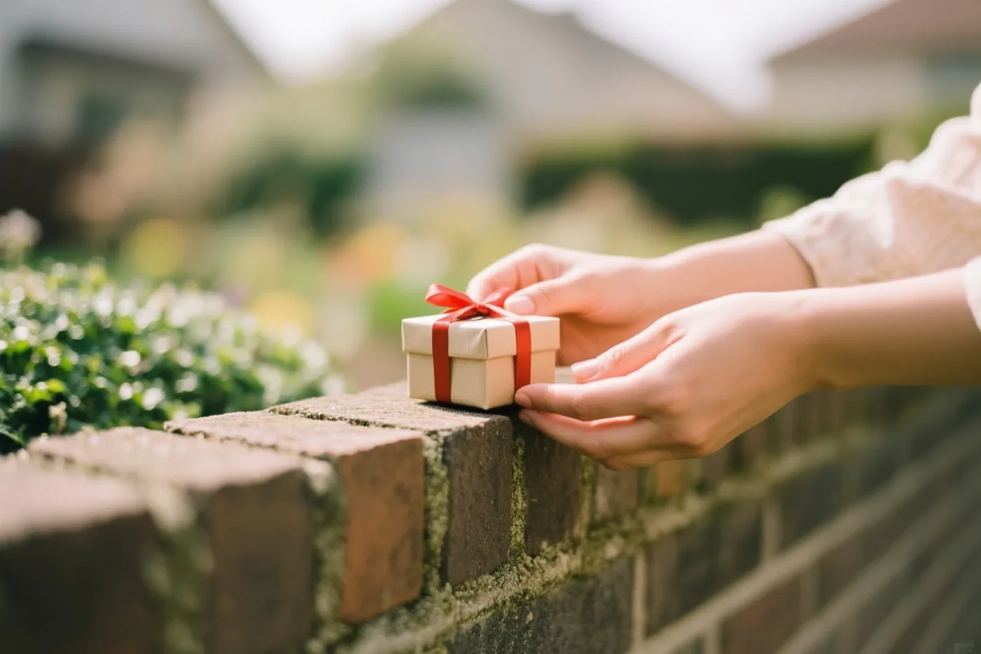 Twee handen zetten een klein beige geschenkdoosje met een rood lint op een bakstenen tuinmuur, met groen en een huis onscherp op de achtergrond.