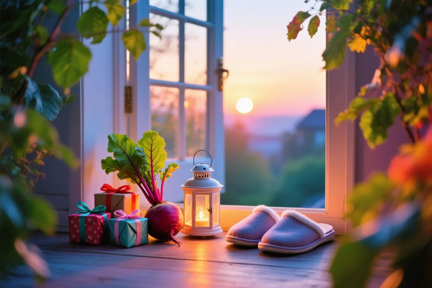 Ingepakte cadeaus, een suikerbiet, een brandende lantaarn en pantoffels staan op een vensterbank, met buiten een zonsopgang in oranje en paarse tinten.