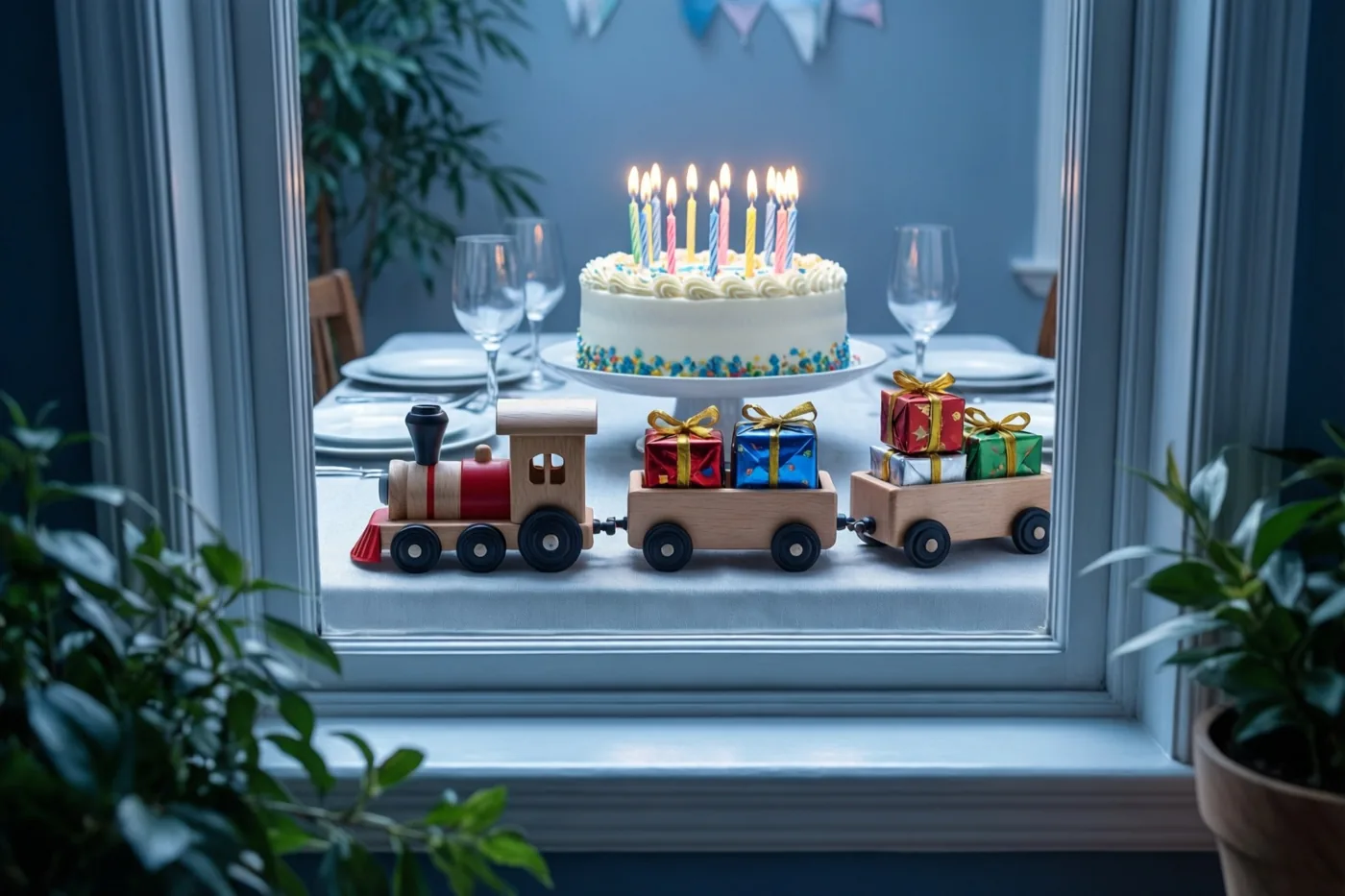Door een raam met planten op de voorgrond is een houten speelgoedtrein met ingepakte cadeaus te zien op een tafel voor een taart met brandende kaarsjes, in een kamer met blauwe muren.