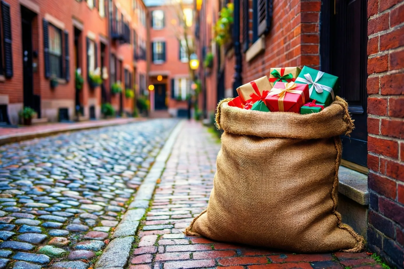Een jute zak vol kleurrijk ingepakte cadeaus staat op een drempel in een smal kasseiensteegje tussen rode bakstenen huizen, in warm licht.