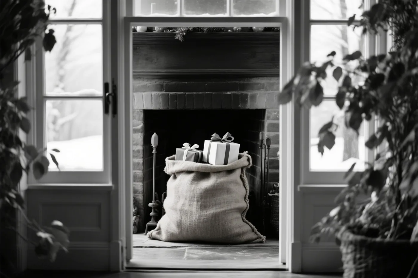 Een zwart-witbeeld toont door een open deur een grote jutezak vol ingepakte cadeaus voor een bakstenen haard op een besneeuwde ochtend.