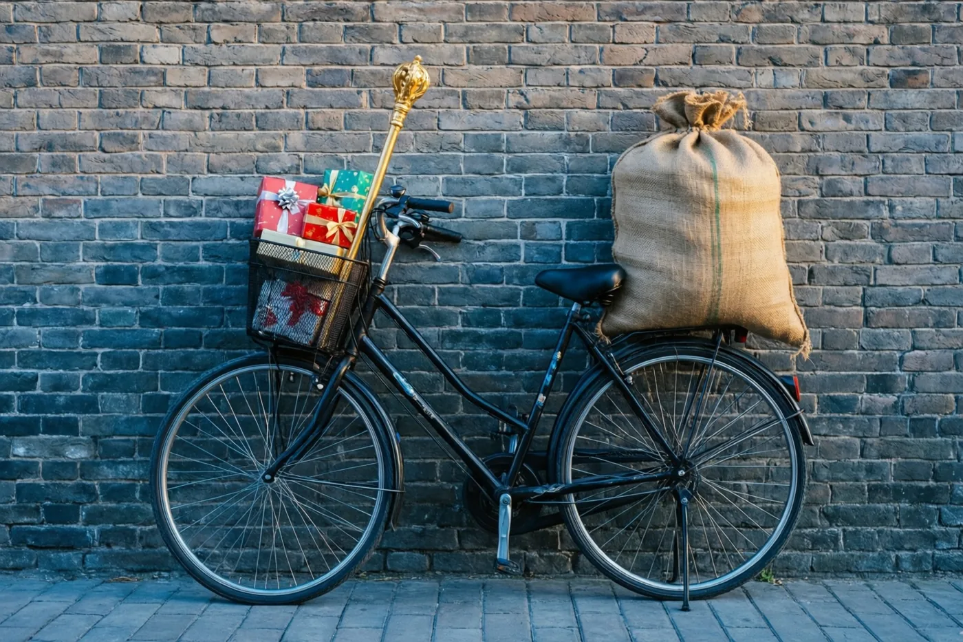 Een zwarte fiets staat in warm zonlicht tegen een donkere bakstenen muur, met een jute cadeauzak op de bagagedrager en ingepakte cadeaus en een gouden staf in de voormand.