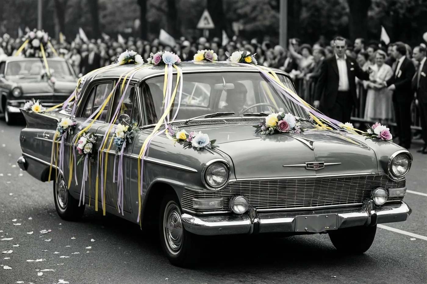 Een Cadillac uit de jaren zestig rijdt met kleurrijke slingers en papieren bloemen in een stoet, waarbij de bloemen afsteken tegen de verder zwart-witte foto.