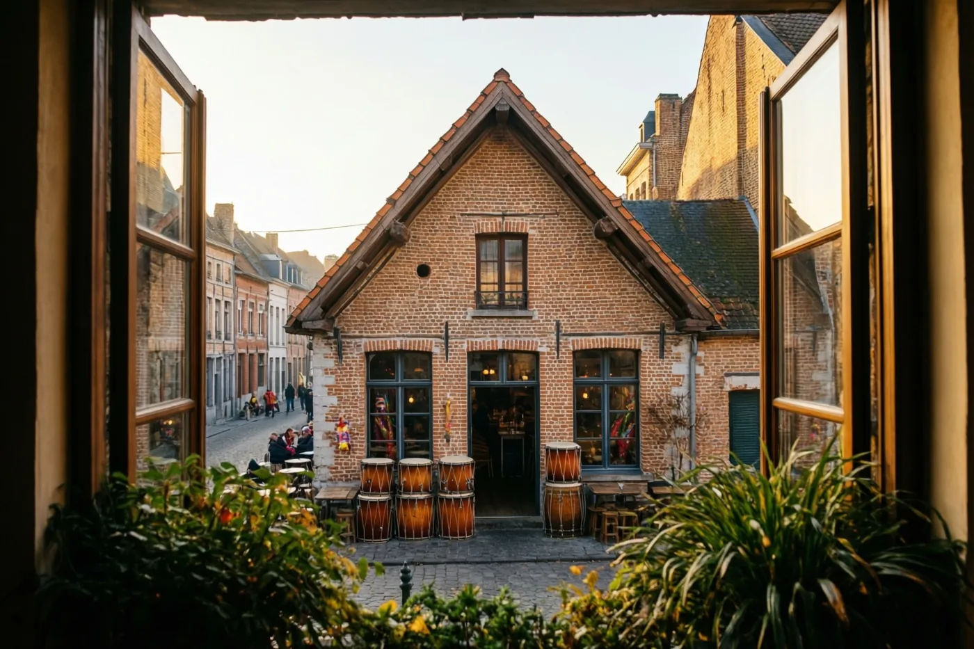 Door een open raam kijk je langs groene planten naar een bakstenen café met een trapgevel en opgestapelde trommels bij de ingang, in warm goudkleurig licht.