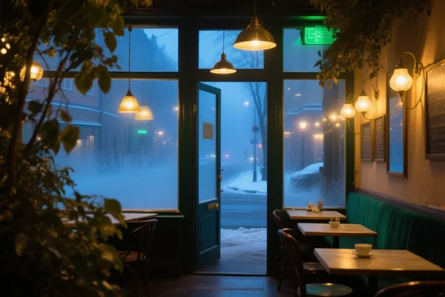 Een café met warme gele en groene verlichting kijkt door beslagen ramen uit op een besneeuwde, mistige straat in koele blauwe tinten.