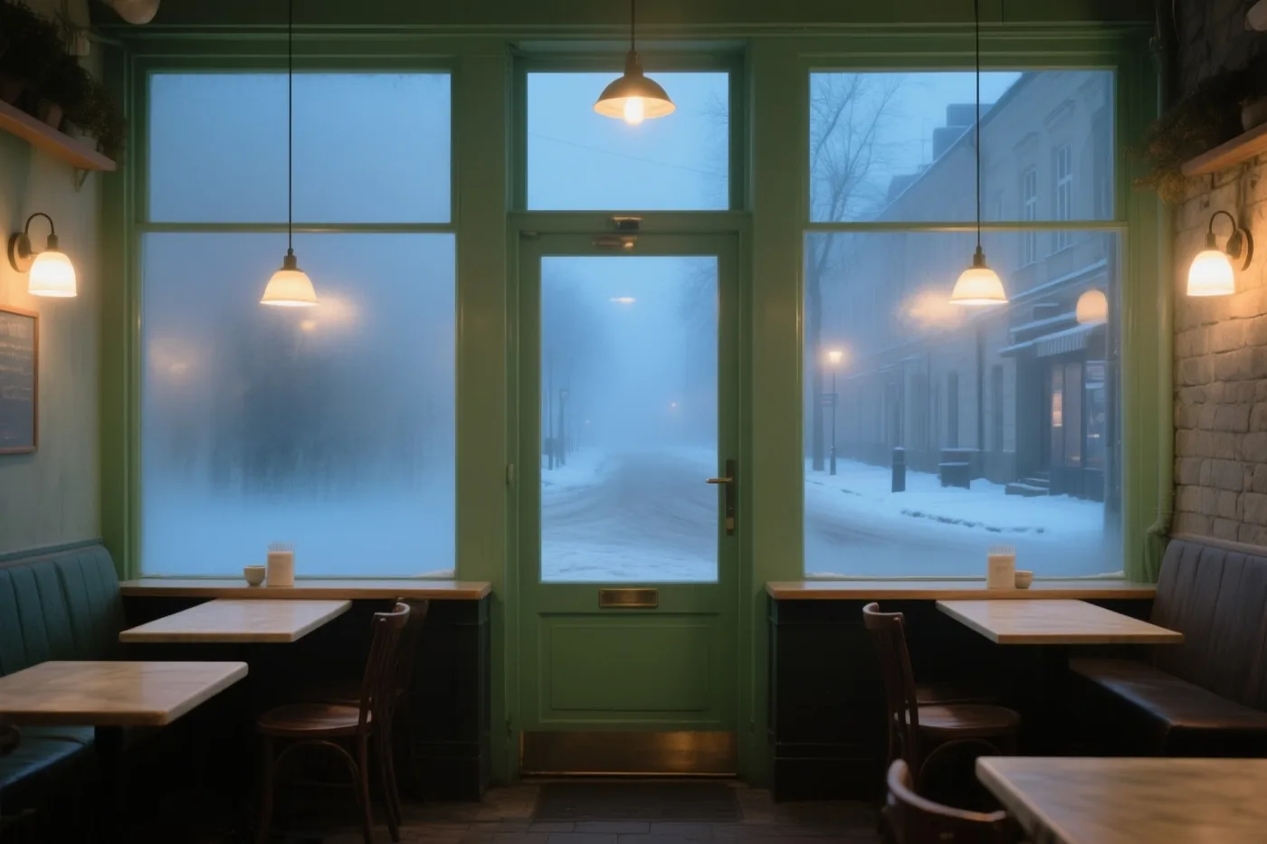 Een gezellig café met warme verlichting en groene afwerking heeft beslagen ramen die uitkijken op een besneeuwde straat in de mist.