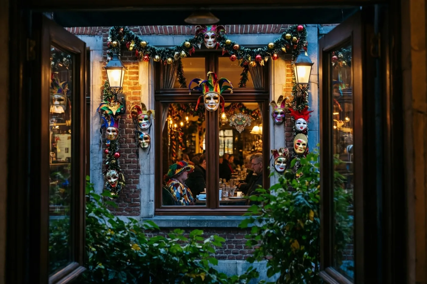 Een caféraam is versierd met kleurrijke slingers en veel maskers aan de bakstenen muur, met zittende gasten in het warme binnenlicht en groen op de voorgrond.