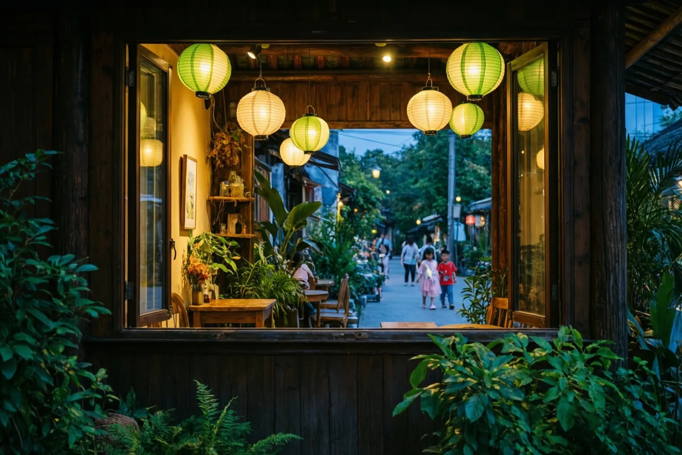 Door een raam met een houten kader is een warm verlicht café te zien bij valavond, met groene en witte papieren lampionnen buiten, weelderige planten rondom en kinderen verderop in de straat.