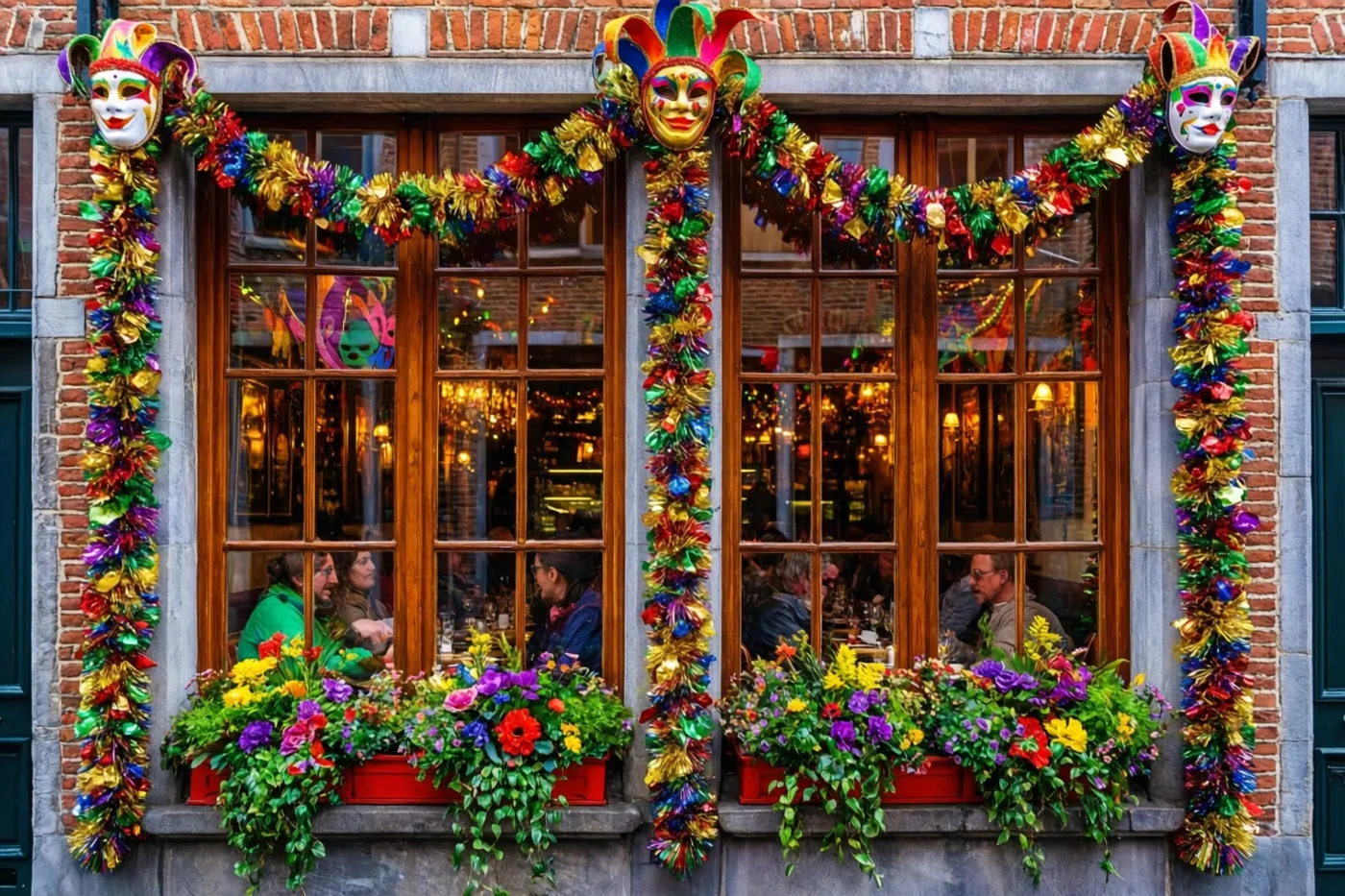 Een caféraam is versierd met rode, groene en gouden slingers en narrenmaskers, met bloembakken eronder.