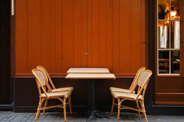 Een cafétafeltje met twee lege rieten stoelen staat op een kasseienstraat tegen een warme bruine houten wand in zacht licht.