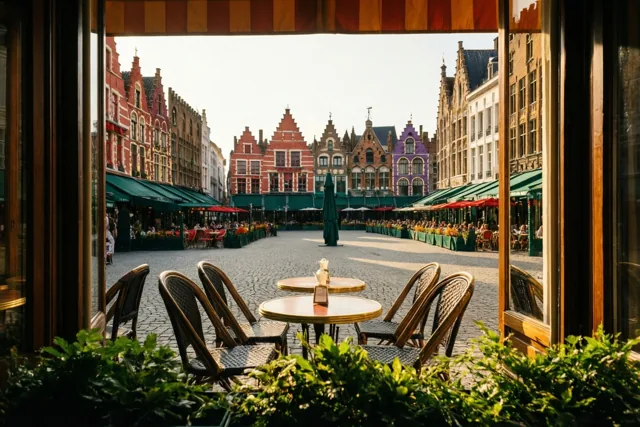 Door een raamkader is een caféterras met houten tafels en stoelen te zien aan een zonnig kasseiplein met historische Vlaamse gebouwen, bezoekers onder luifels en groen op de voorgrond.