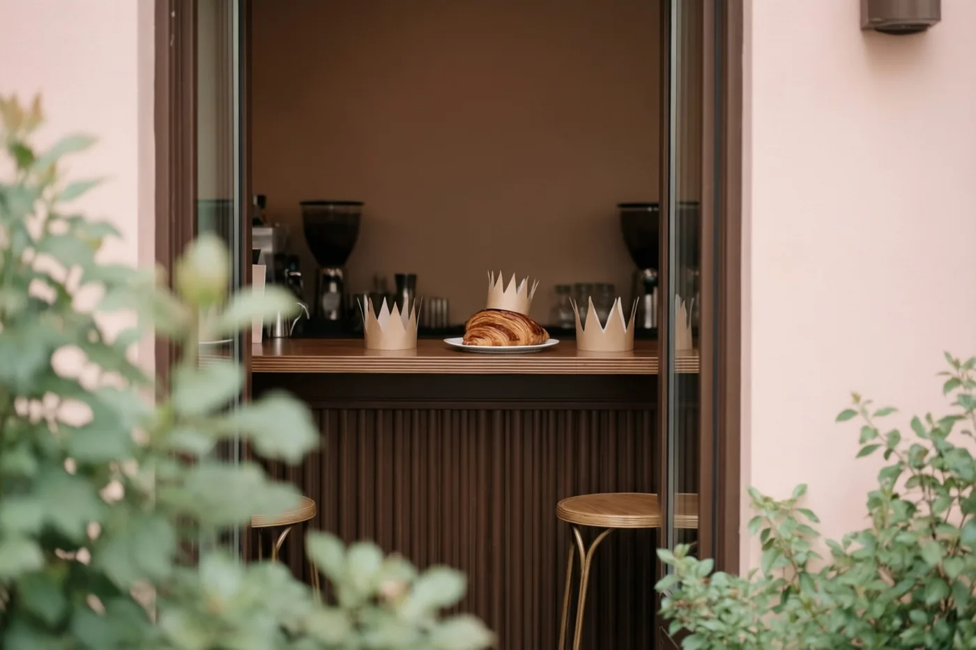 Door een glazen deuropening is een bruine cafétoog met een croissant op een bord en drie papieren kronen te zien, met groene bladeren op de voorgrond.