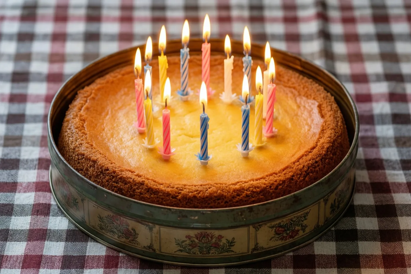 Een ronde goudbruine cake met kleurrijke brandende kaarsjes staat in een oude metalen koektrommel op een rood-wit geruit tafelkleed.
