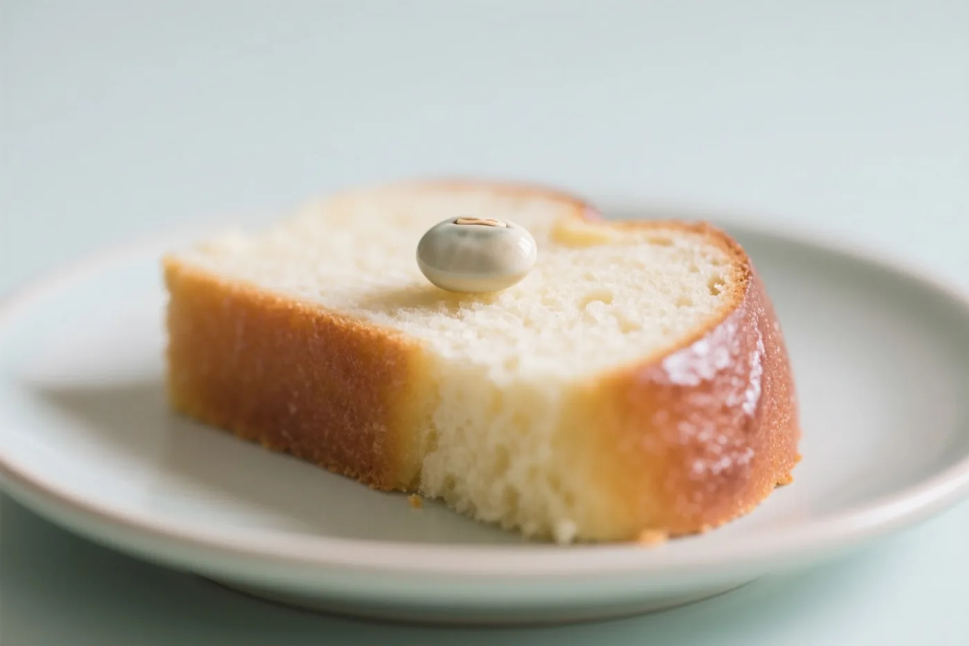Een plak lichtgekleurde cake met een kleine porseleinen boon erop ligt op een wit bord tegen een zacht lichtblauwe achtergrond.
