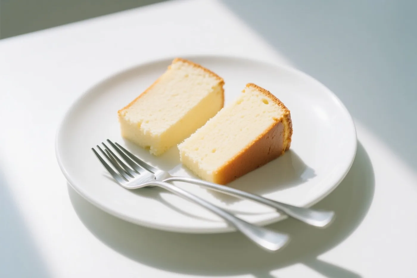 Twee stukken lichtgekleurde cake liggen met twee zilverkleurige vorken op een wit bord op een helderwitte ondergrond, waar sterk zonlicht schaduwen werpt.