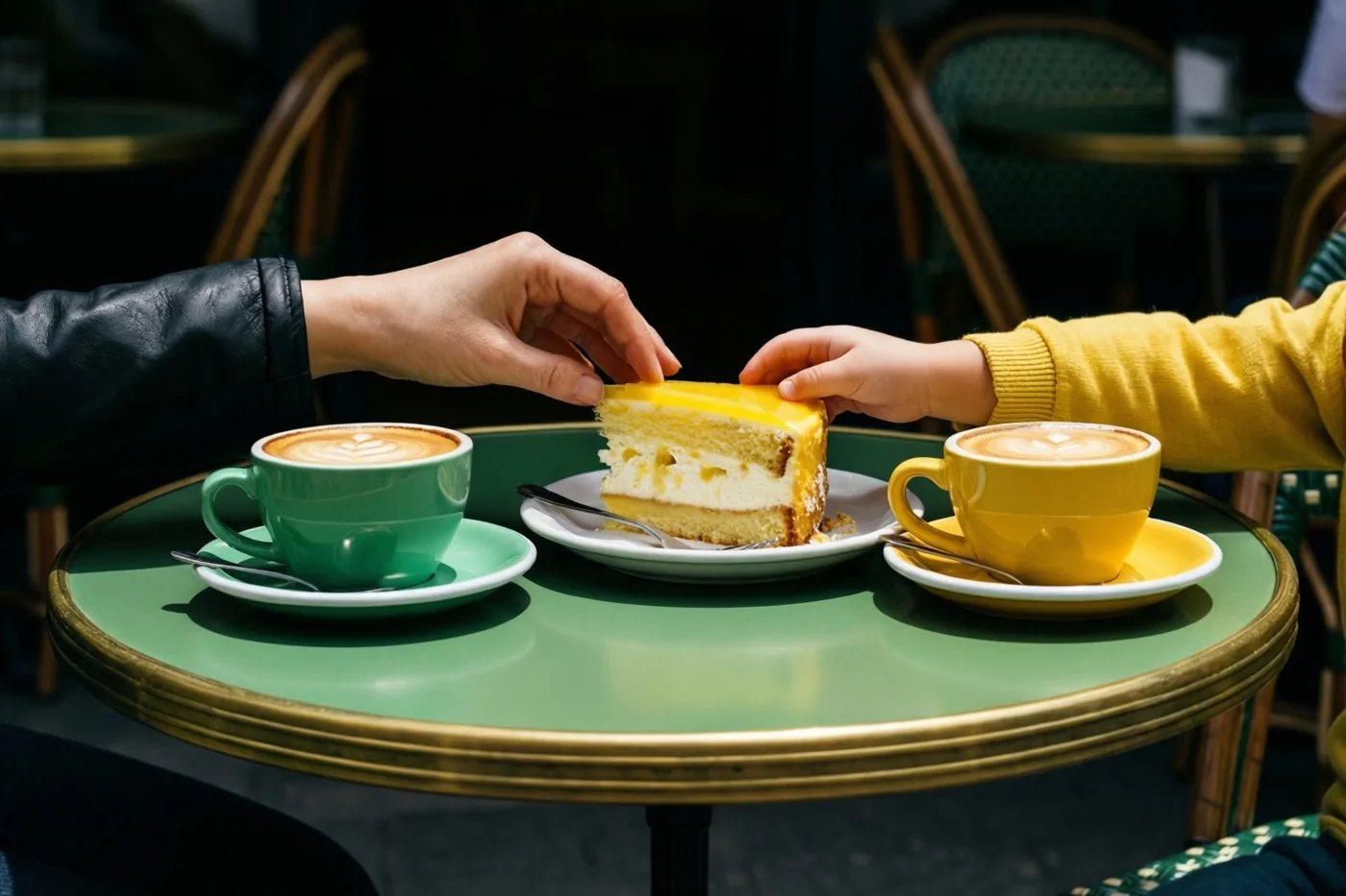 Een volwassen hand en een kinderhand reiken naar een stuk gele cake op een groene terrastafel met een groen en een geel koffiekopje in de zon.