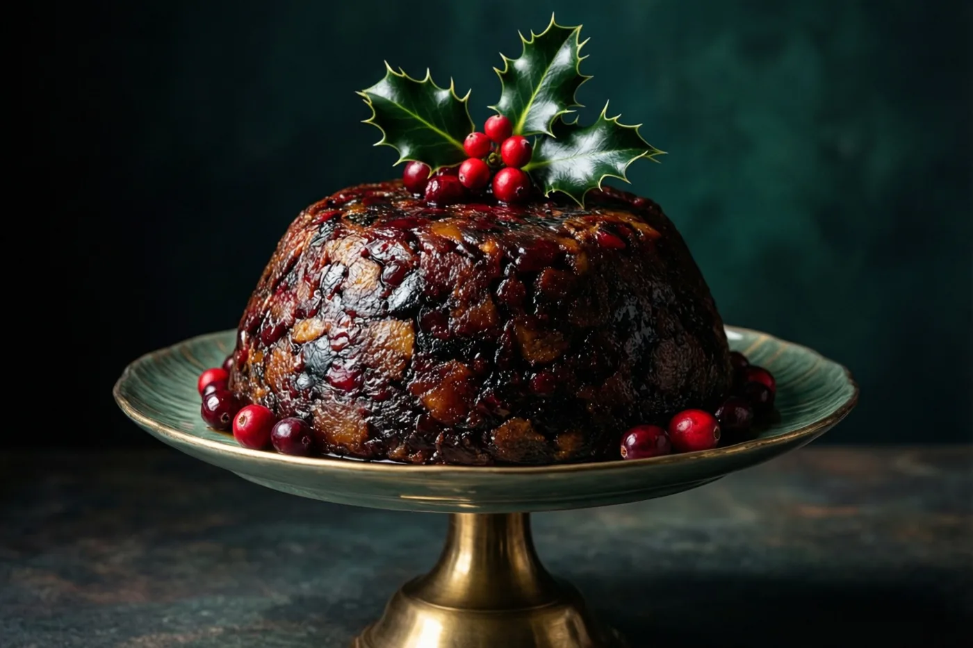 Een donkere cake in de vorm van een kerstpudding, met veenbessen en hulst, staat op een groene keramische taartstandaard met een messing voet tegen een donkergroene en zwarte achtergrond.