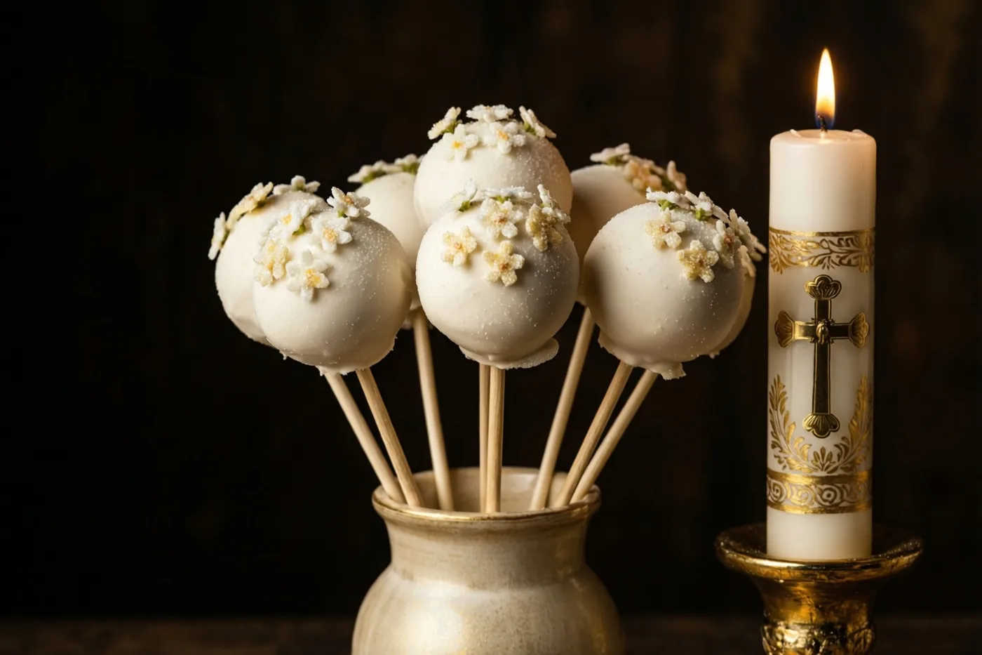 Witte cakepops met kleine suikerbloemen staan in een keramieken vaas naast een brandende communiekaars met een gouden kruis, tegen een donkere achtergrond in warm licht.