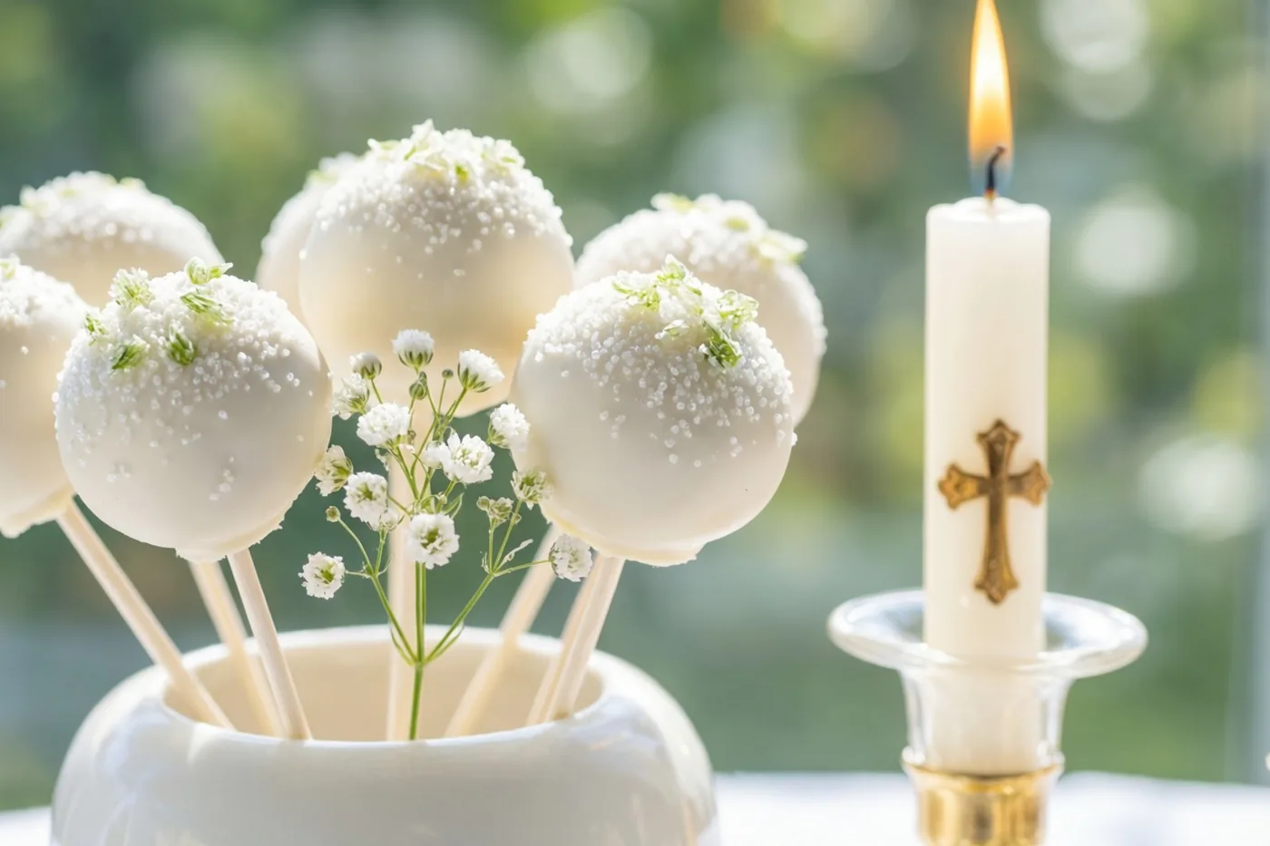 Witte cakepops met suikerbloemen staan in een witte vaas naast een brandende communiekaars met een gouden kruis, tegen een zachte onscherpe groene achtergrond.
