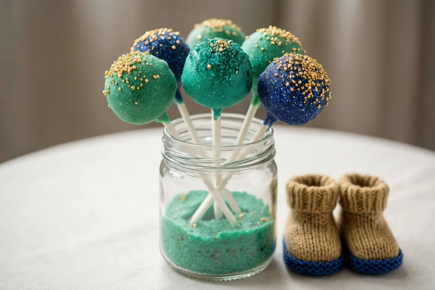Cakepops met groene en blauwe glitters en gouden strooisels staan in groen zandachtig materiaal in een glazen pot, naast gebreide babyslofjes met blauwe zolen op een wit tafelkleed.