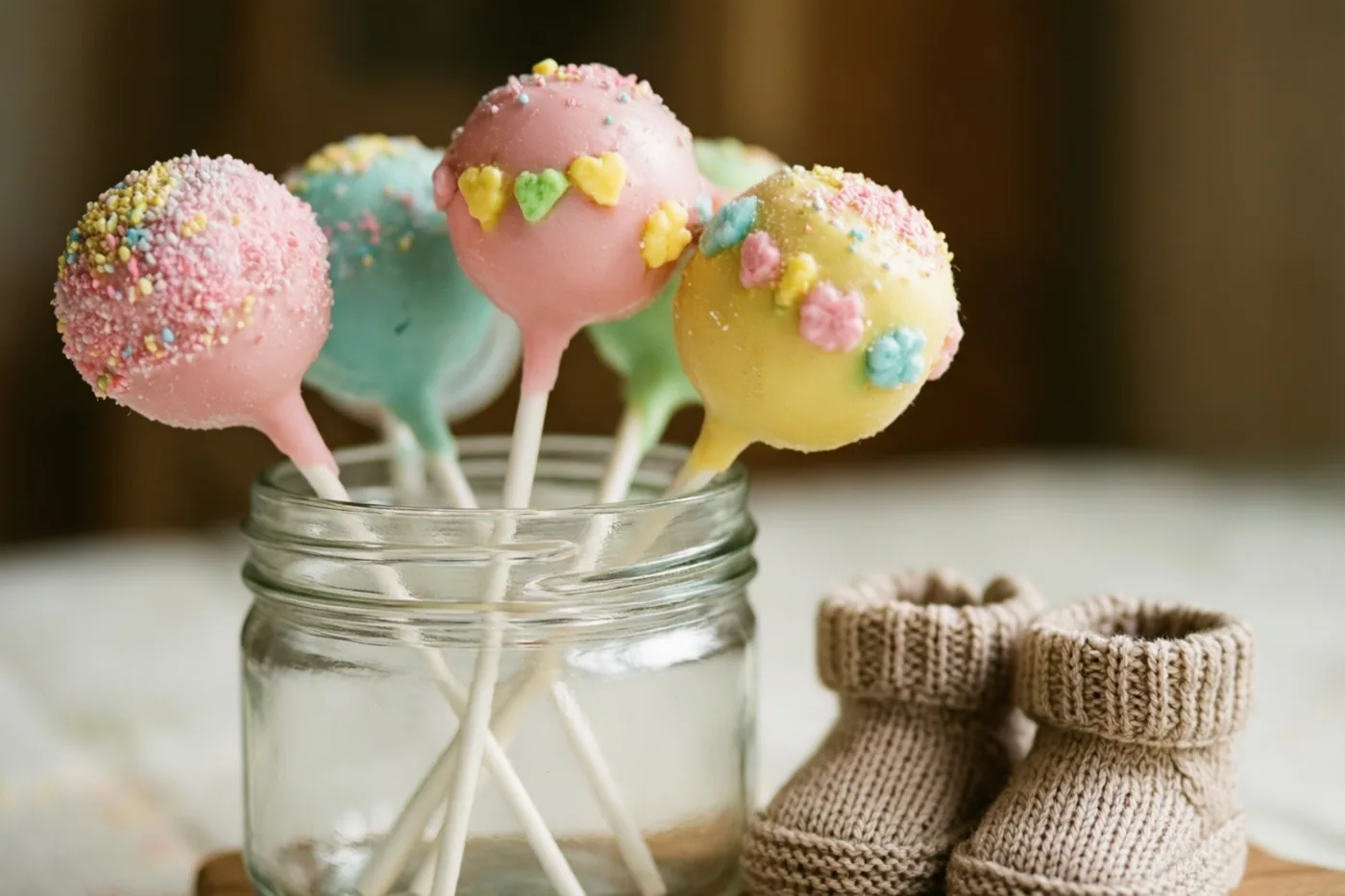 Pastelkleurige cakepops met strooisels en eetbare bloemen staan in een doorzichtige glazen pot naast kleine beige gebreide babyslofjes op een houten oppervlak.