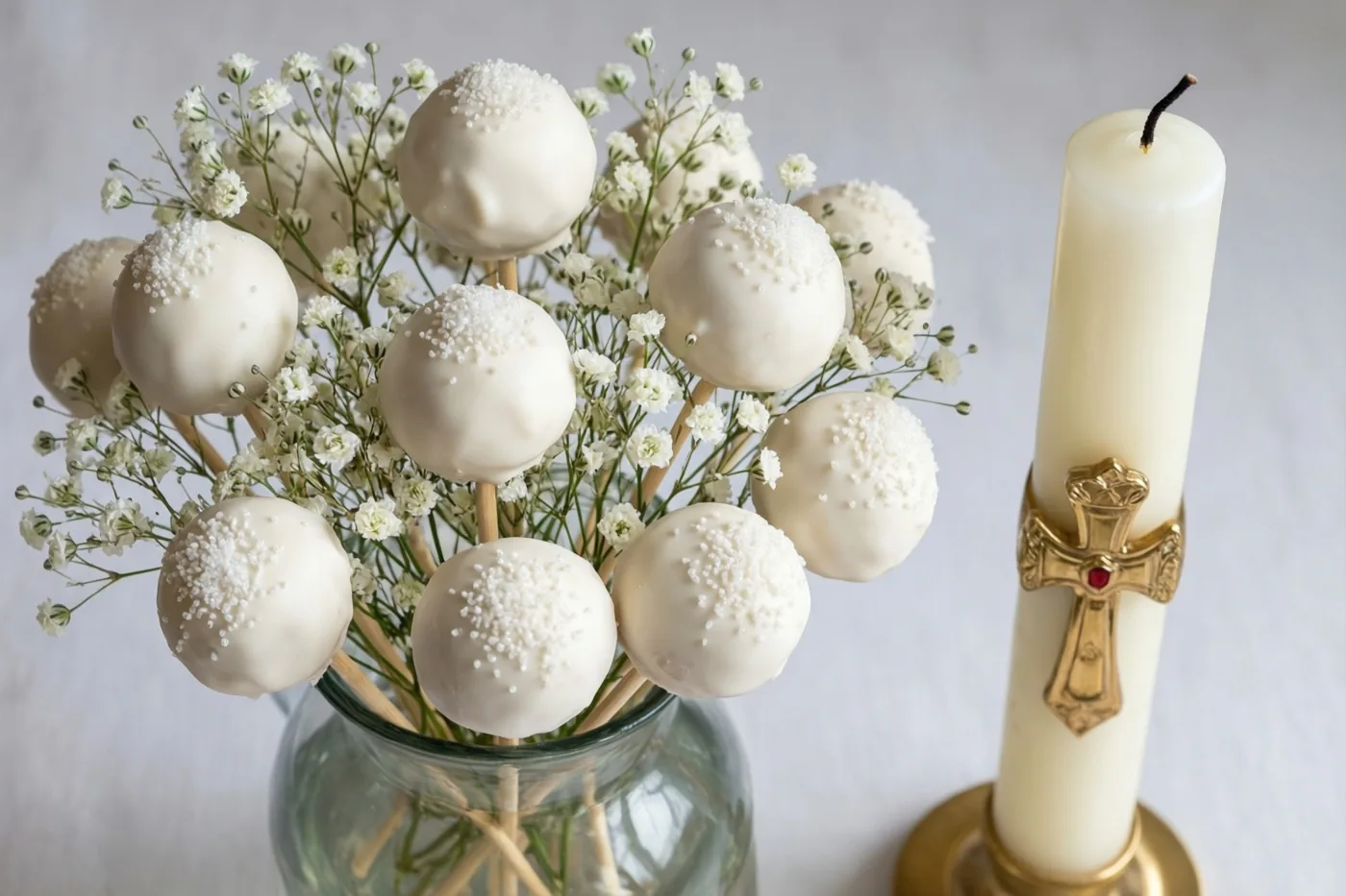 Witte cakepops met suikerstrooisel en gipskruid staan in een glazen vaas naast een witte communiekaars met een houder met een gouden kruis, op een witte ondergrond.