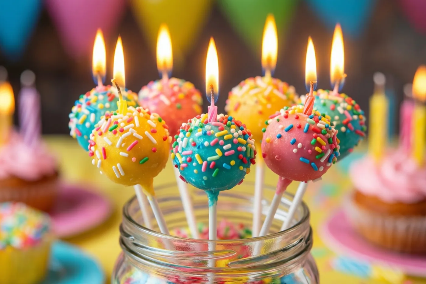 Pastelkleurige cakepops met suikerstrooisel en brandende kaarsjes staan in een glazen pot op een feesttafel, met cupcakes en versiering op de wazige achtergrond.
