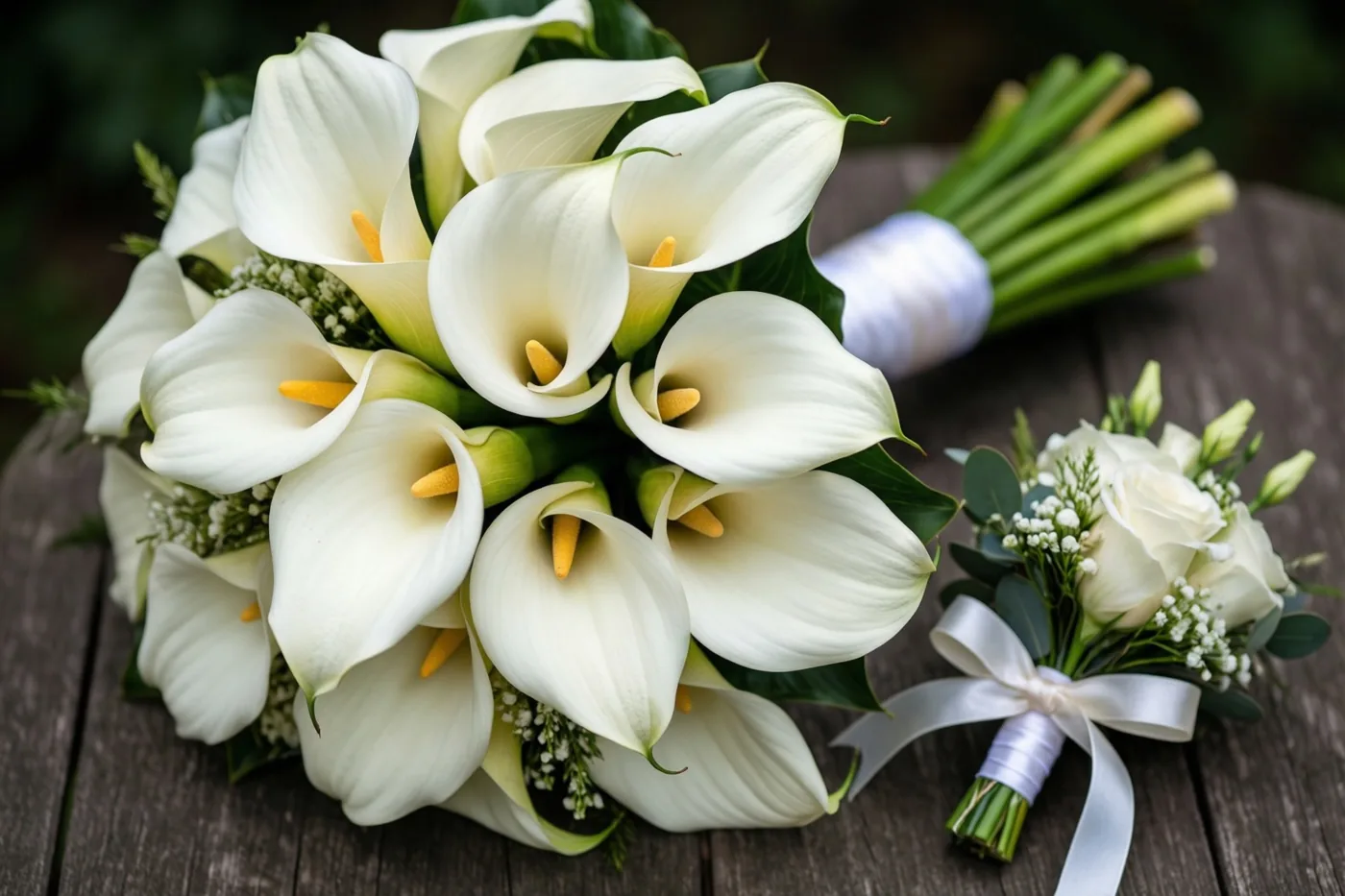 Een groot bruidsboeket witte calla’s met groene bladeren en kleine witte bloemen ligt buiten op verweerd hout naast een kleinere bijpassende corsage met een wit lint.