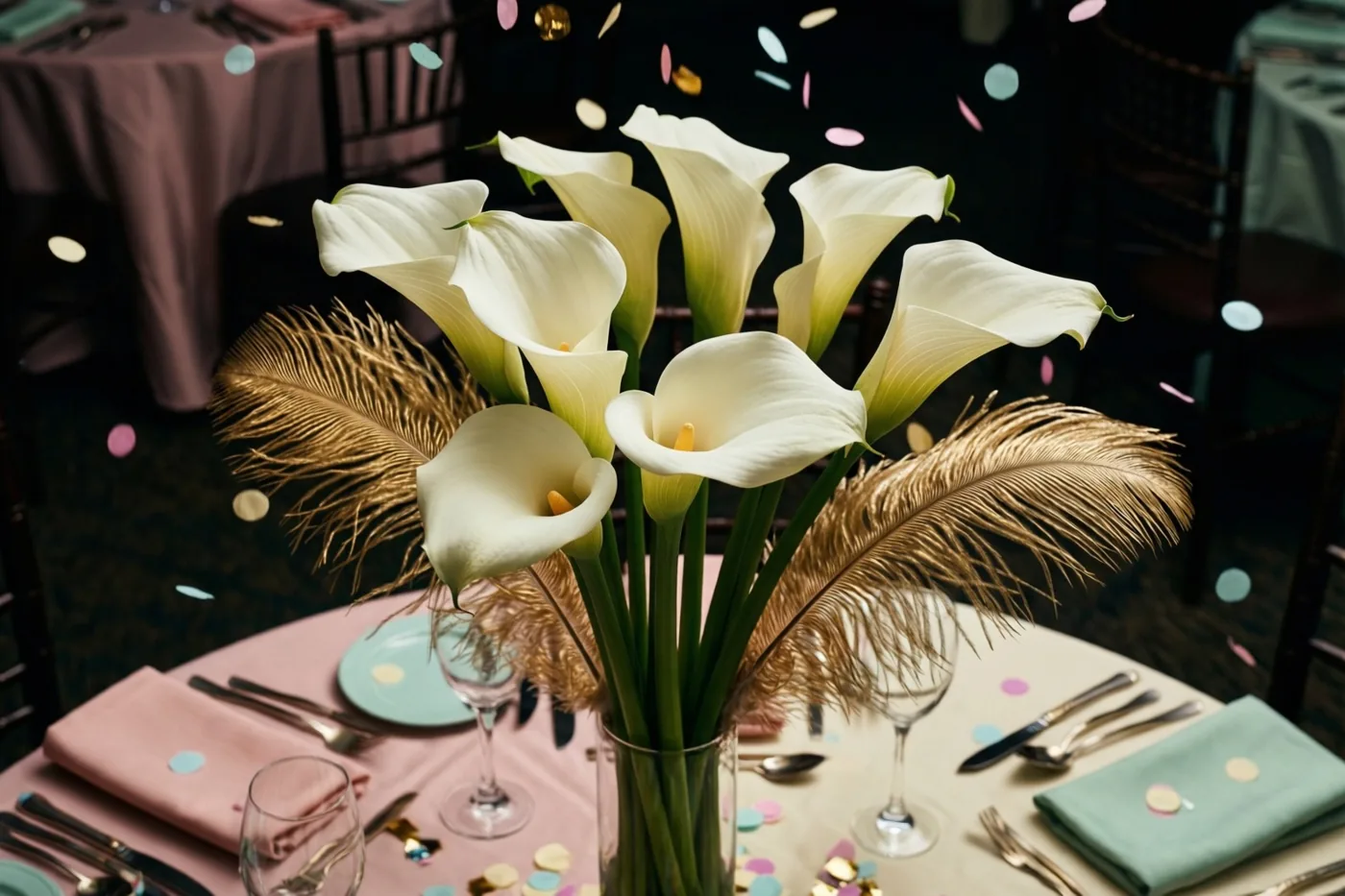 Een slanke vaas met hoge witte calla's en gouden veren staat tussen gedekte plaatsen op een feesttafel met pastelkleurig tafellinnen en vallende confetti.