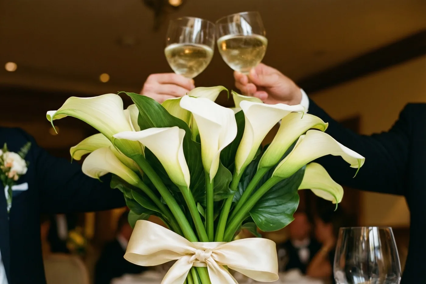 Een boeket witte calla's met een crèmekleurig lint staat op de voorgrond, met daarachter twee handen die champagneglazen heffen in een warm verlichte binnenruimte.