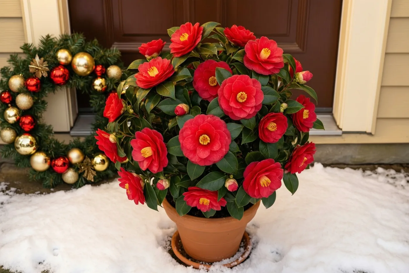 Rode camelia's in een pot staan op een besneeuwde stoep naast een versierde kerstkrans, voor een donkerbruine deur en lichte gevelbekleding.