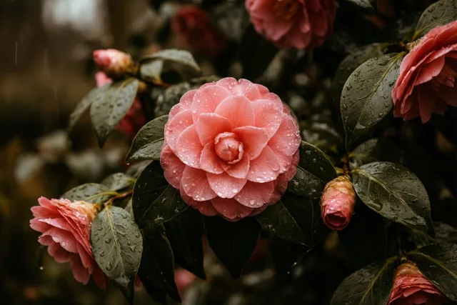 Lentedruppels op de camelia's