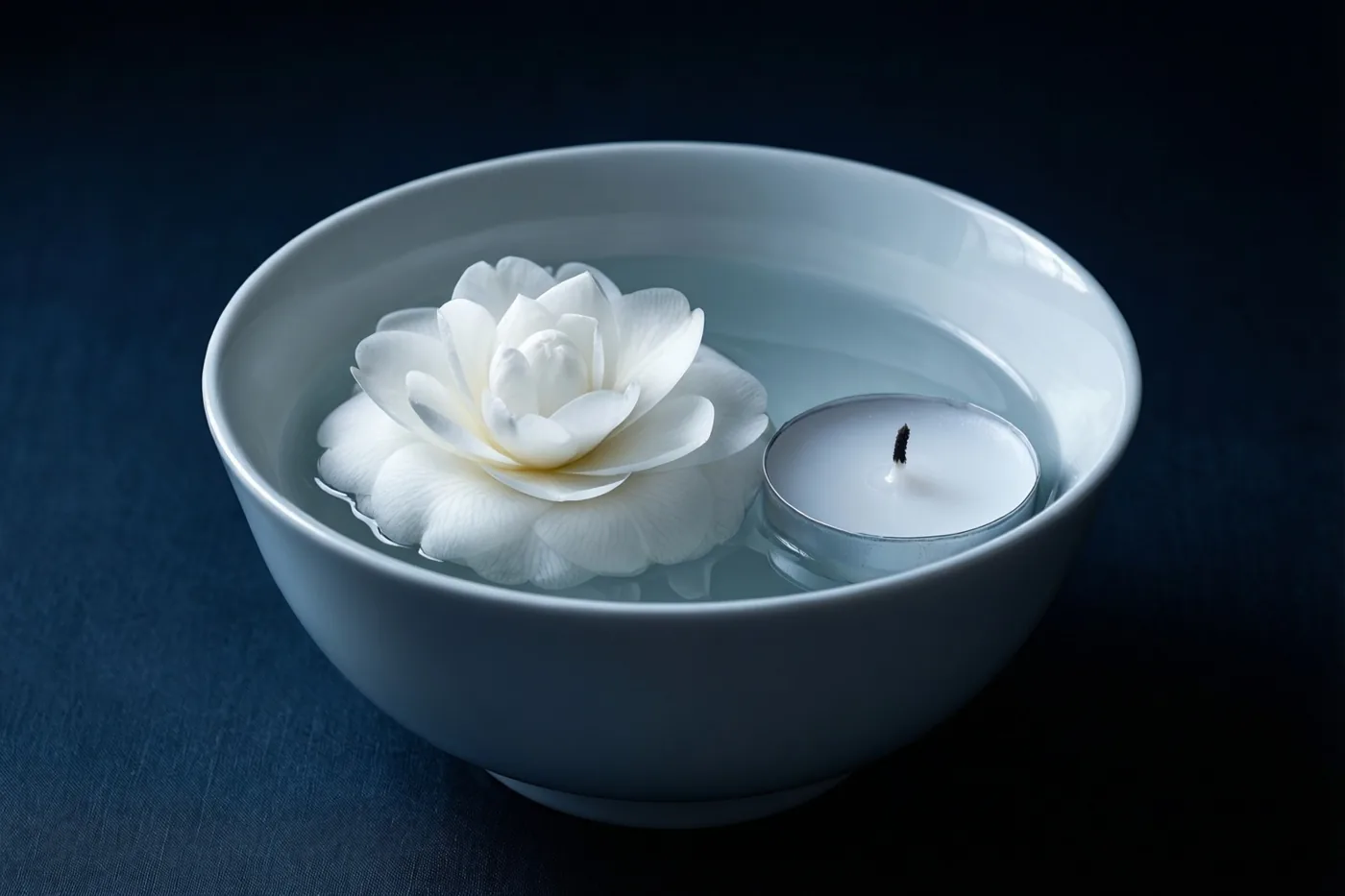 In een witte porseleinen kom met water drijven een witte camelia en een theelichtje tegen een donkerblauwe achtergrond met textuur.
