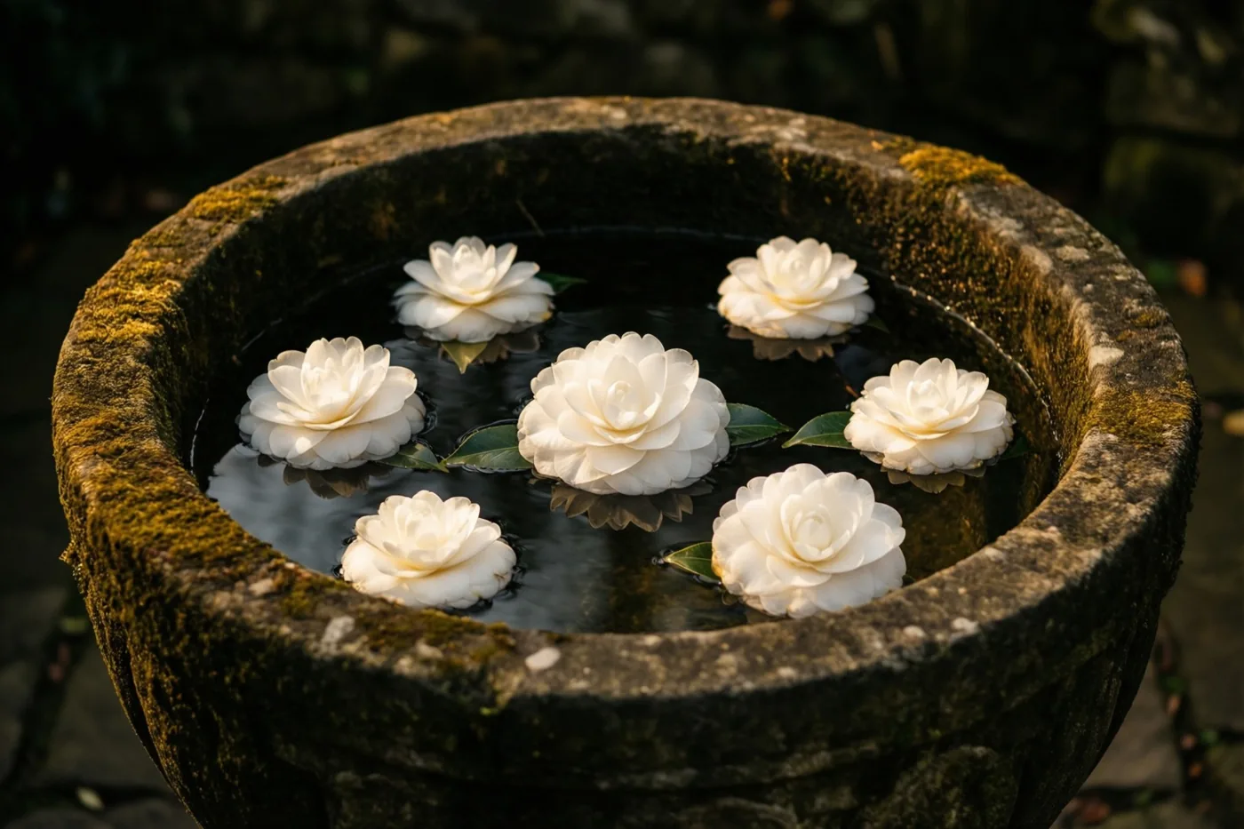 Witte camelliabloemen drijven op het donkere water in een oude, met mos begroeide stenen doopvont buiten.