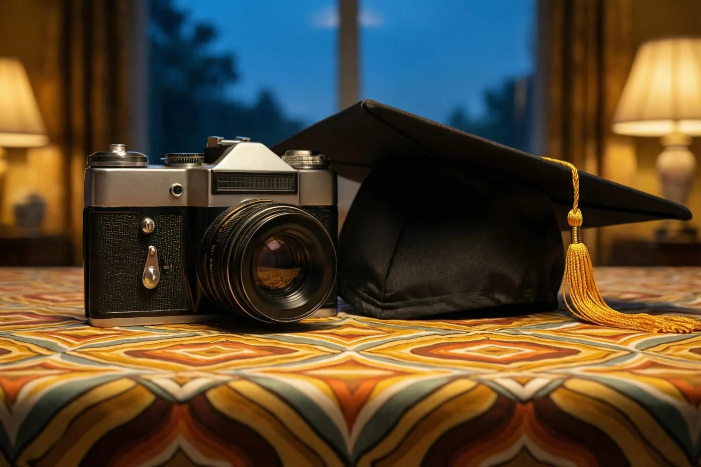 Een oude analoge camera en een zwarte afstudeerhoed met gouden kwast liggen op een kleurrijk tafelkleed met een patroon, in een kamer met warme lampen en een blauwe avondlucht achter het raam.