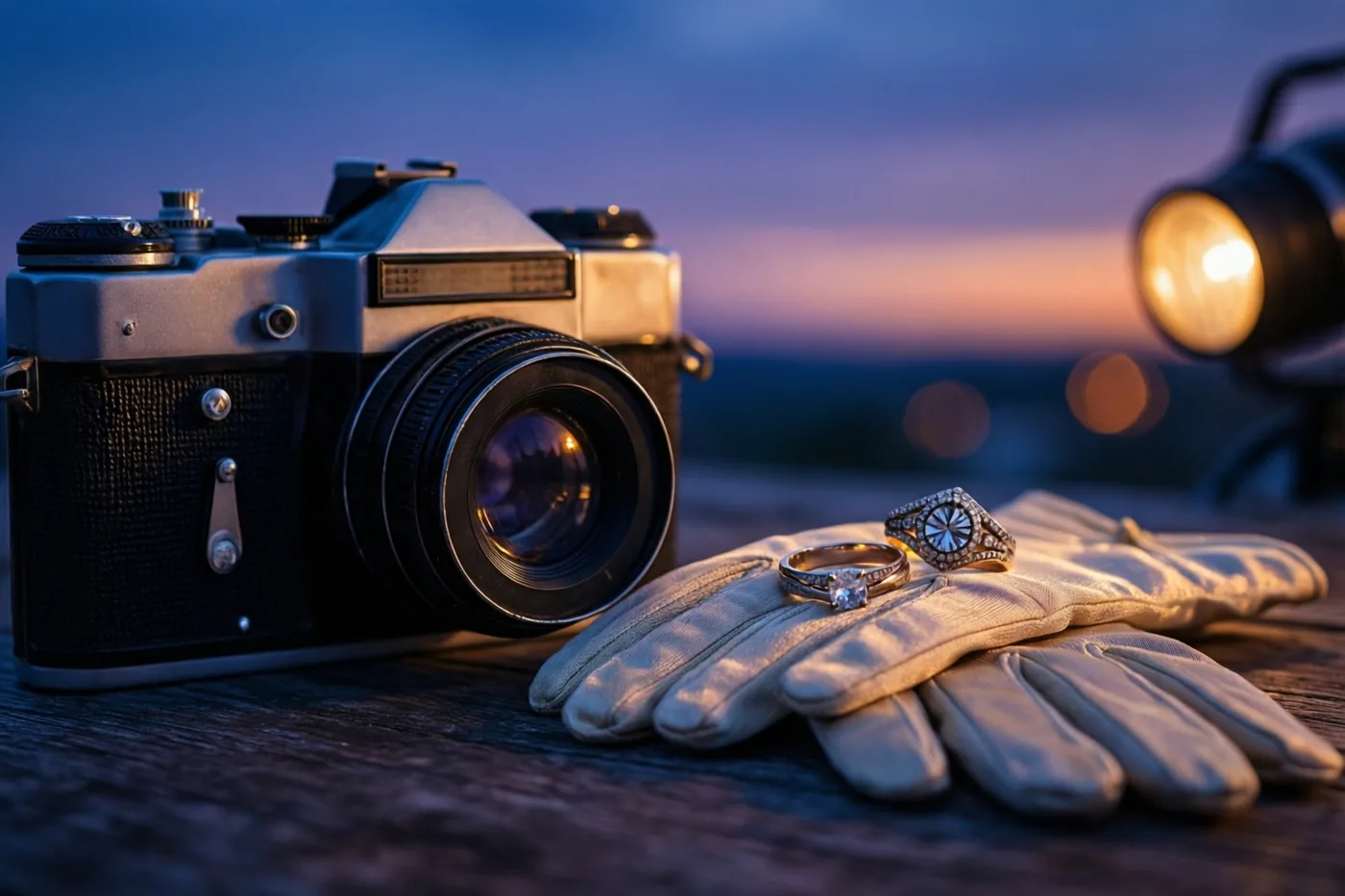 Een oude filmcamera en witte leren handschoenen met twee ringen liggen op een houten oppervlak, tegen een schemerlucht met warme zonsondergangskleuren en licht in de verte.