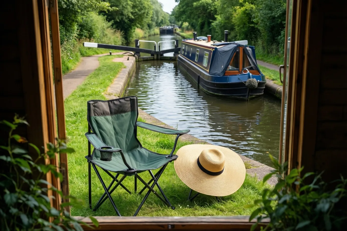 Door een houten raamopening zie je een groene campingstoel en een strohoed op het gras bij een kanaalsluis, met een aangemeerde blauwe woonboot in een groen zomerlandschap.